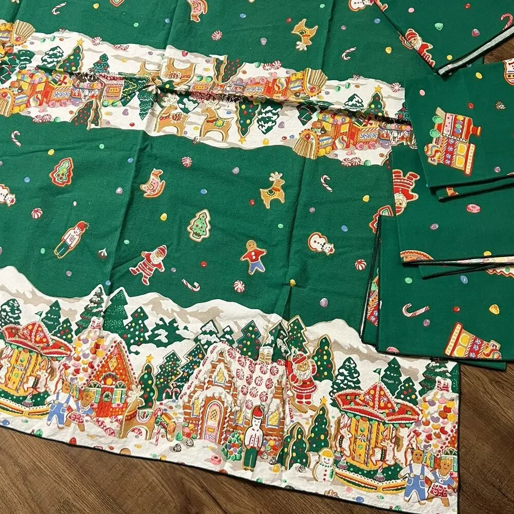 Vintage 1980s Gingerbread House Green Red Tablecloth & Napkin Set 47x52
